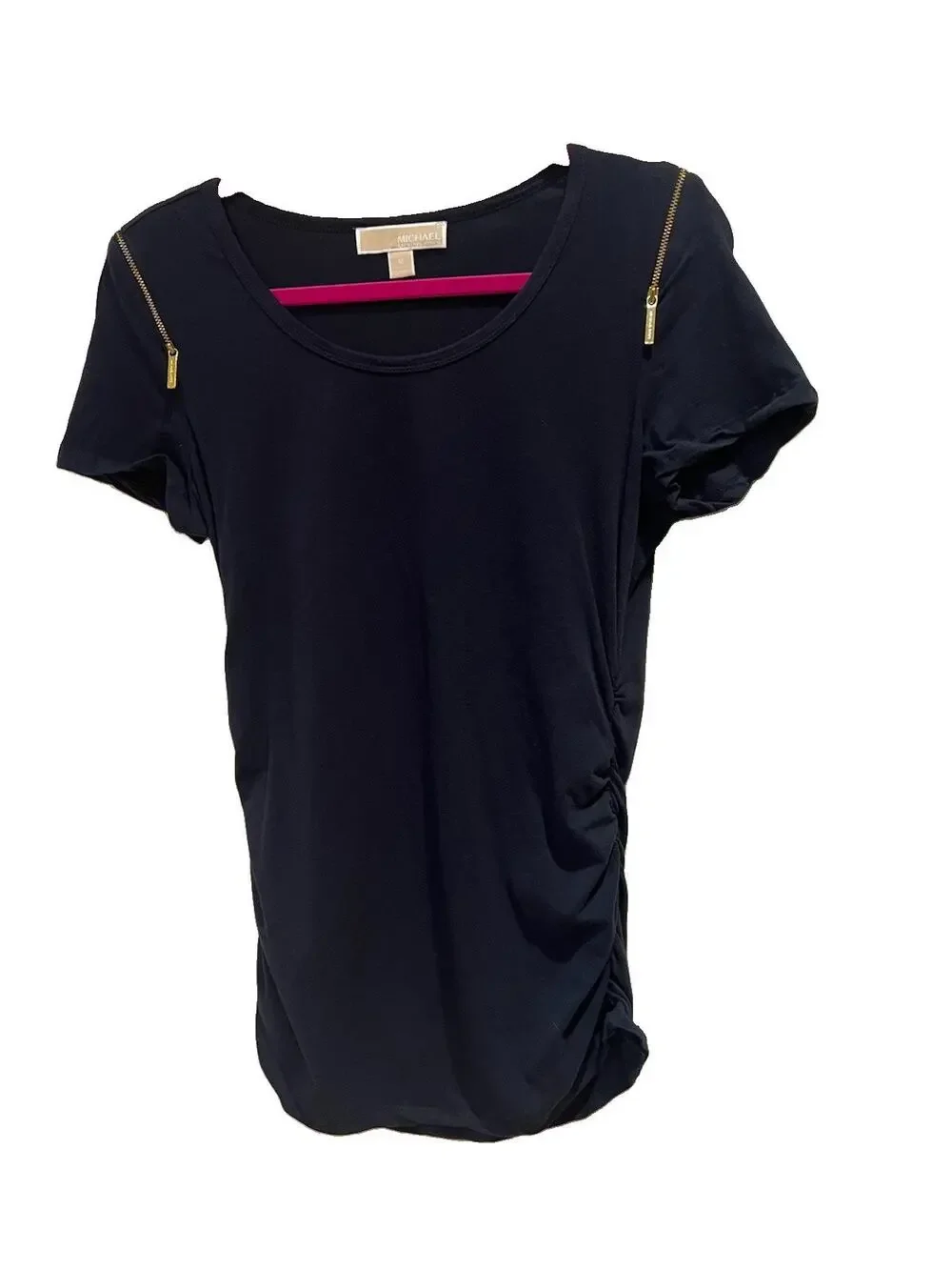 Michael Michael Kors Black Double Zip Shoulder Top Women’s MEDIUM Ruched Sides